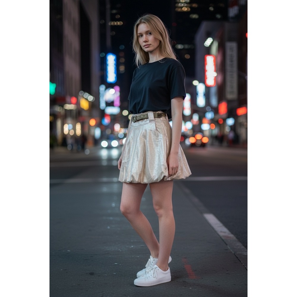 Xsara by Nilika Metallic Gold Glossy Bubble Voluminous Hem Skirt Western Belt M